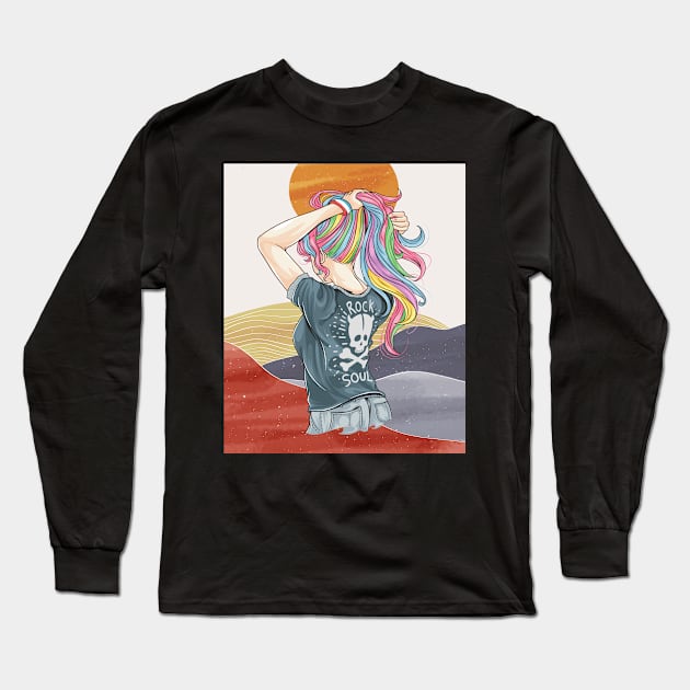 Drawn girl unicorn with rocker t-shirt artwork, abstract contemporary aesthetic background landscape Long Sleeve T-Shirt by Modern Art